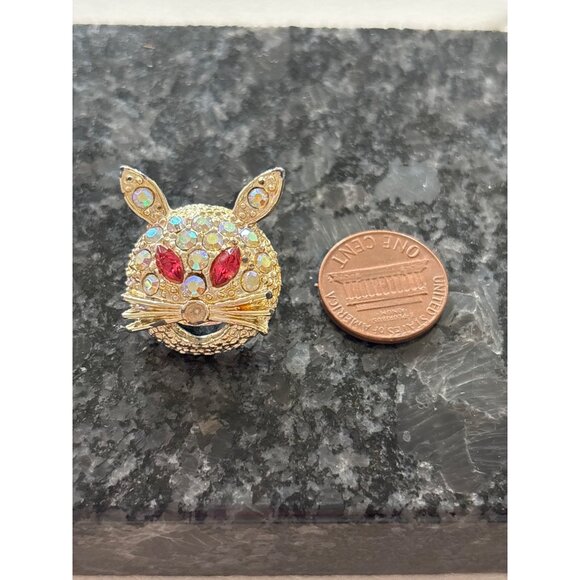 Gold-Tone Rabbit Face or Cat Brooch With Rhinestones & Red Gem Eyes Sparkles - Picture 5 of 10